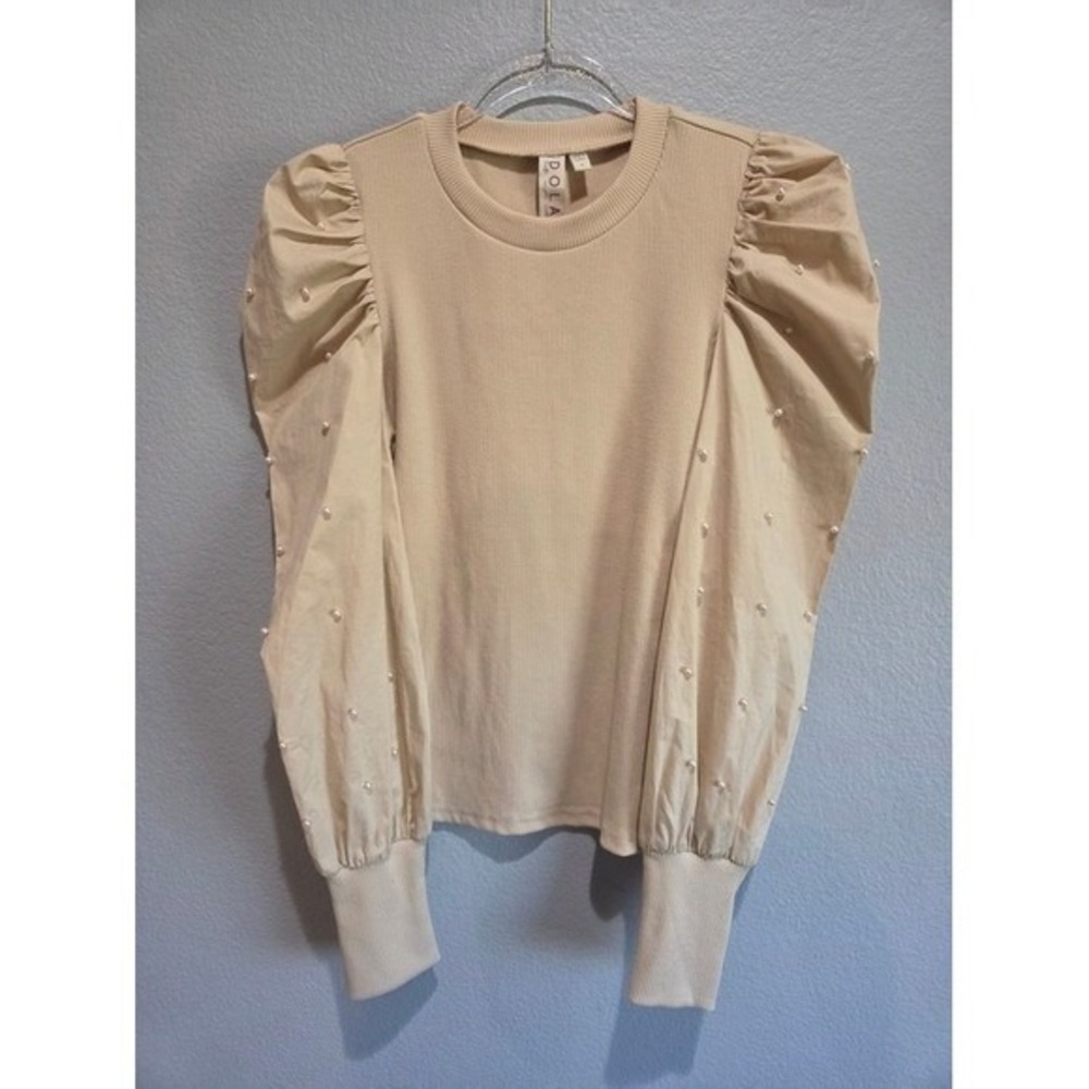 Dolan Left Coast Top Womens S Beige Pearl Puff Sleeve Ribbed Knit Mixed Media EX